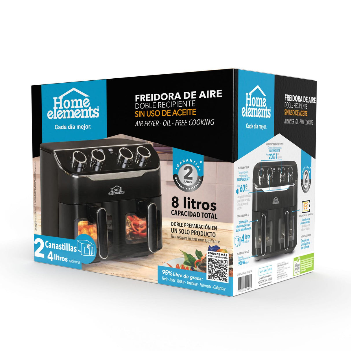 Freidora de Aire Negro 37.5x36cm De 8 Litros Con Cuatro Funciones Preconfiguradas y Dos Canastillas - FREIDORAS DE AIRE | Bylmo