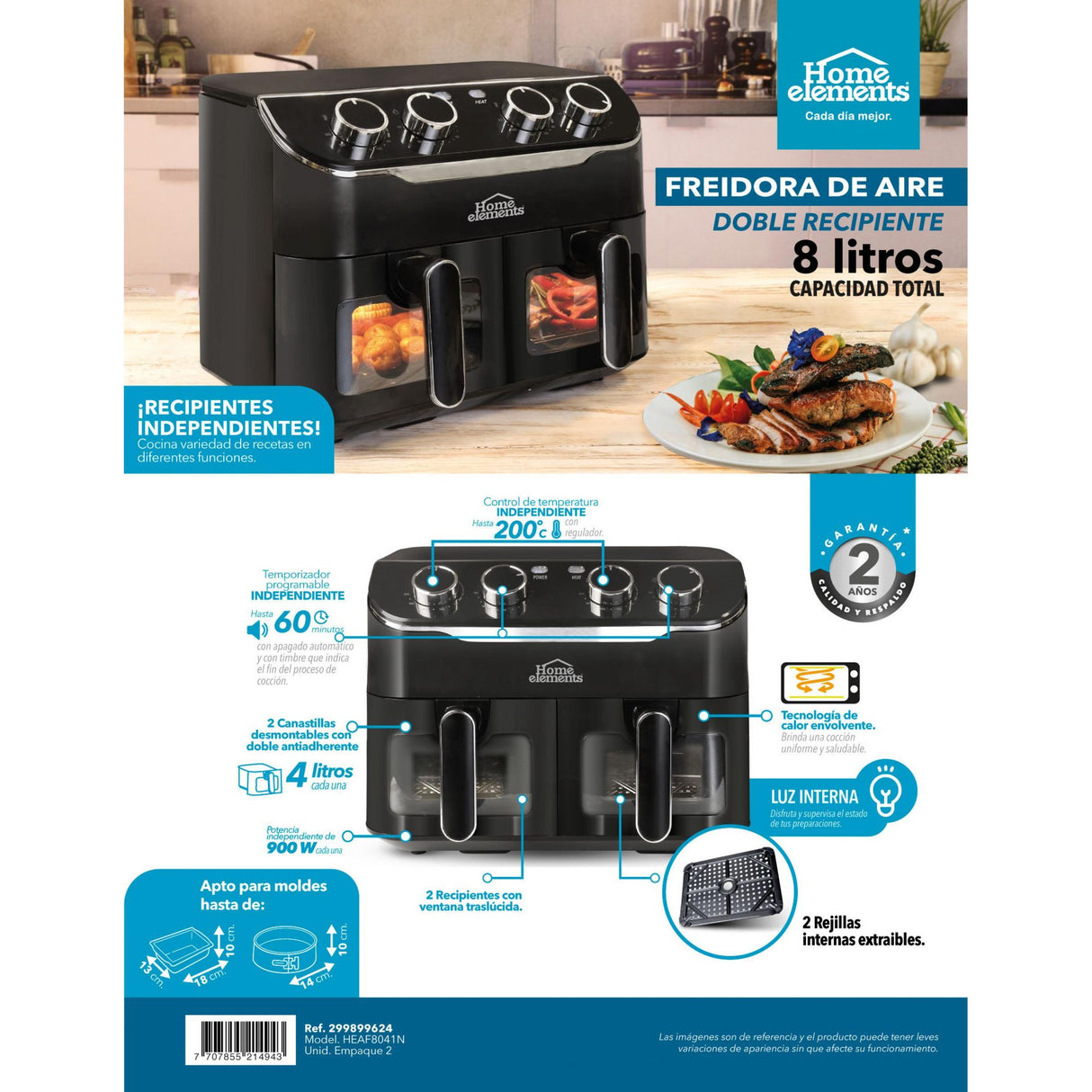 Freidora de Aire Negro 37.5x36cm De 8 Litros Con Cuatro Funciones Preconfiguradas y Dos Canastillas - FREIDORAS DE AIRE | Bylmo