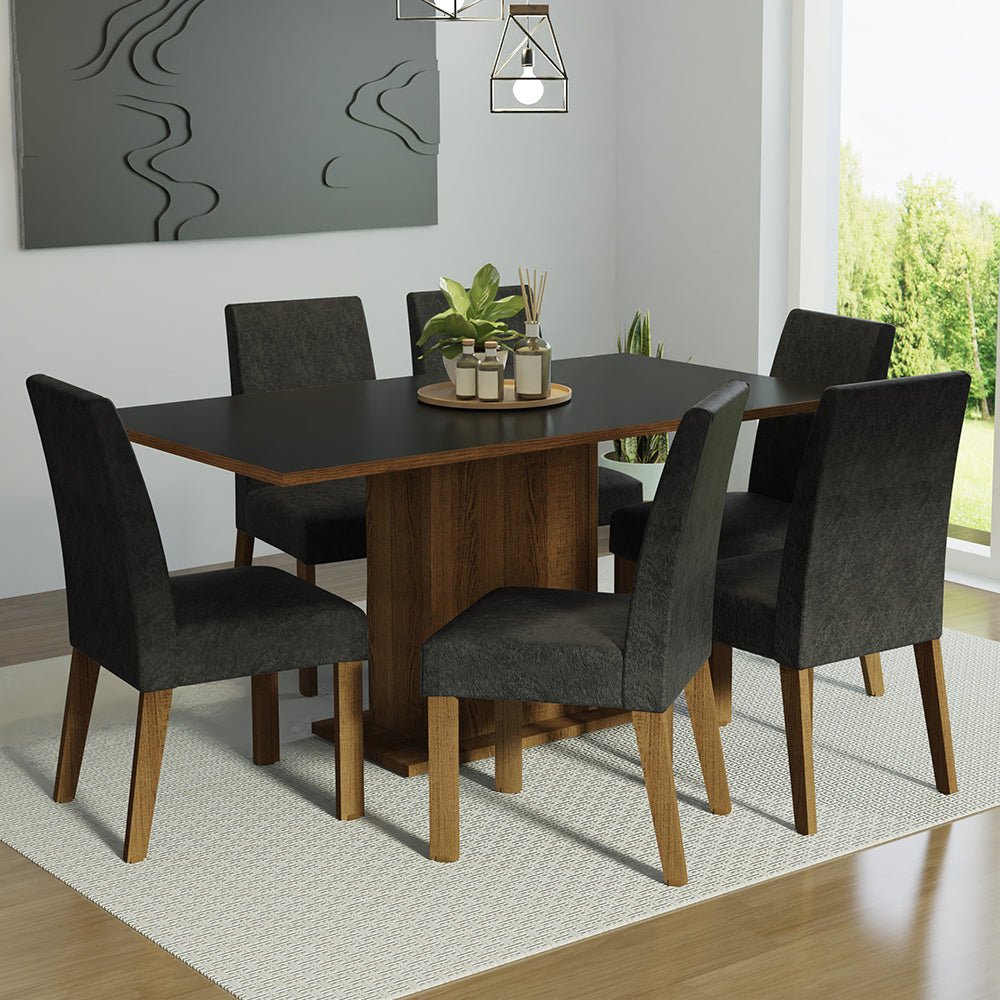 Combo Comedor y Sillas Renata Marron y Negro Oxford 160x79cm Cuadrado de Seis Puestos con Seis Sillas - COMEDORES | Bylmo