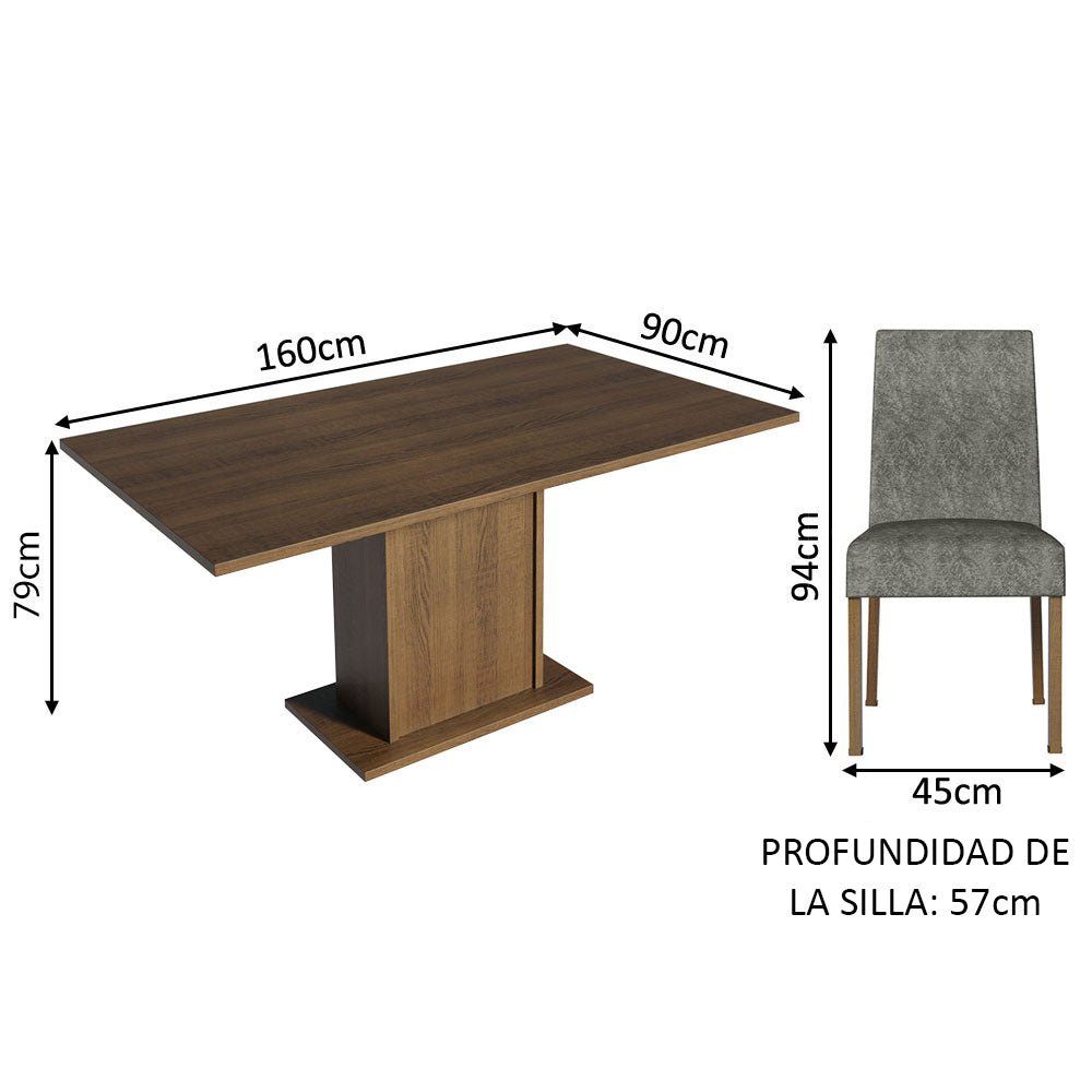 Combo Comedor y Sillas Renata Marron y Plata 160x79cm Cuadrado de Seis Puestos con Seis Sillas - COMEDORES | Bylmo