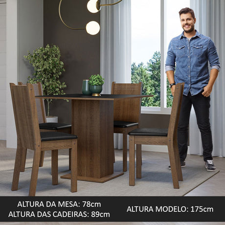 Combo Comedor y Sillas Samara Marron y Negro 90x78cm Cuadrado de Cuatro Puestos con Cuatro Sillas - COMEDORES | Bylmo