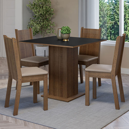 Combo Comedor Y Sillas Samara Marron Con Negro Y Beige 90x78cm Cuadrado De Cuatro Puestos Con Cuatro Sillas