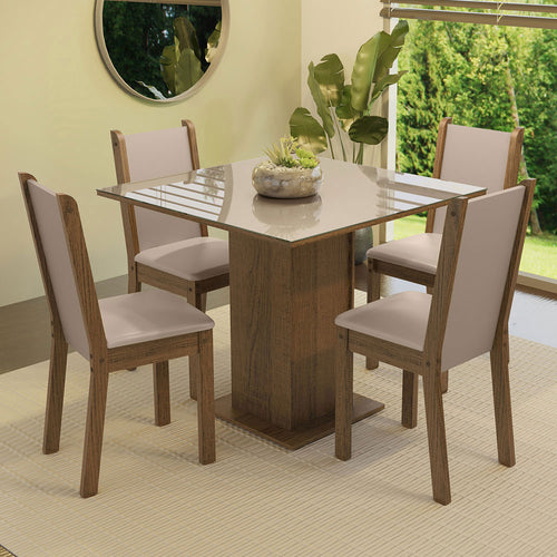 Combo Comedor Y Sillas Tifani Marron Con Crema Y Beige 90x78cm Cuadrado De Cuatro Puestos Con Cuatro Sillas