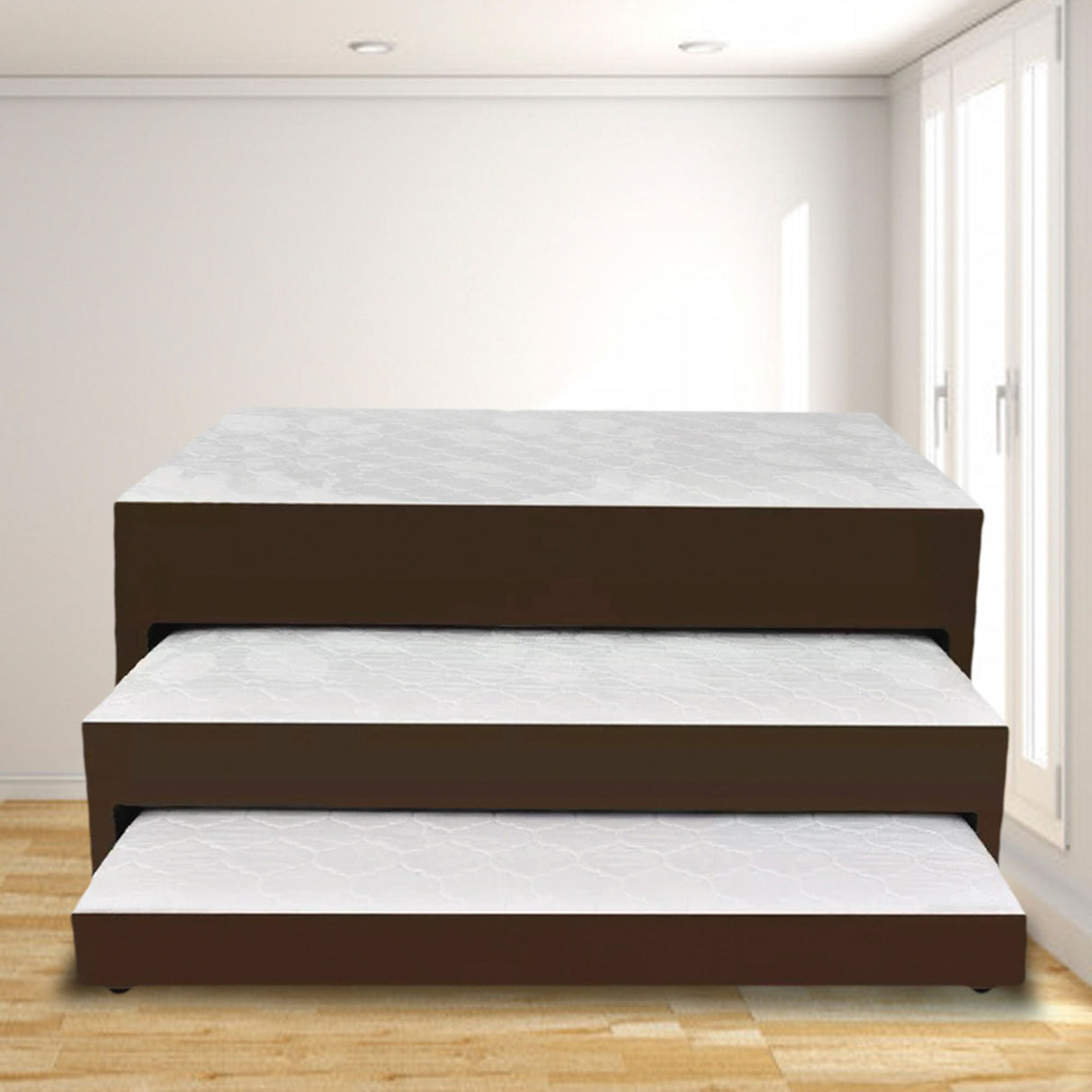 Cama Nido Dividida Cafe 120x68Cm Para Cochón Semidoble 120 X 190 Cm De Tres Niveles con Colchón Superior Incorporado - CAMAS | Bylmo