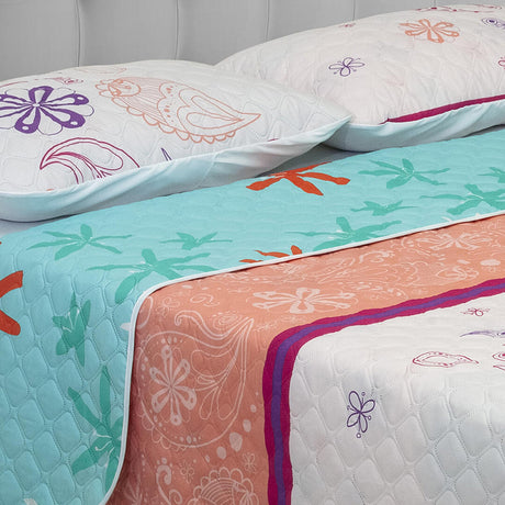 Cubrelecho Termosellado Blanco y Azul 140x190cm Doble Faz de Flores - TENDIDOS Y CUBRELECHOS | Bylmo