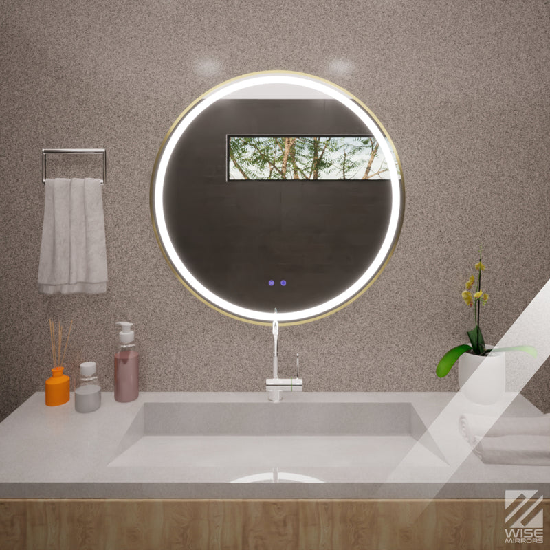 Espejo De Baño 80x80cm Redondo Con Marco Metalico Dorado Y Con Sistema Led Touch