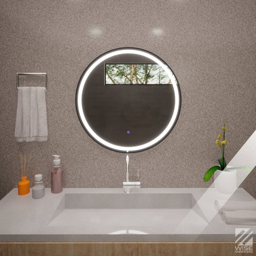 Espejo De Baño 80x80cm Redondo Con Marco Metalico Negro Y Con Sistema Led Touch