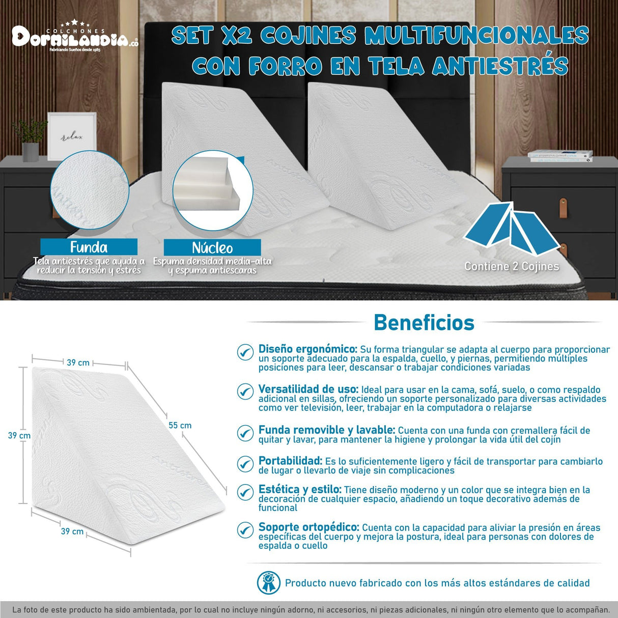 Set X 2 Cojines Multifuncionales Antiestrés Blanco Triangular Hipoalergénico - COJINES | Bylmo
