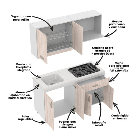 Cocina Ambar Blanco y Soder 150x212cm Con Meson de Marmol Sintético y Estufa Esmaltada - COCINAS | Bylmo