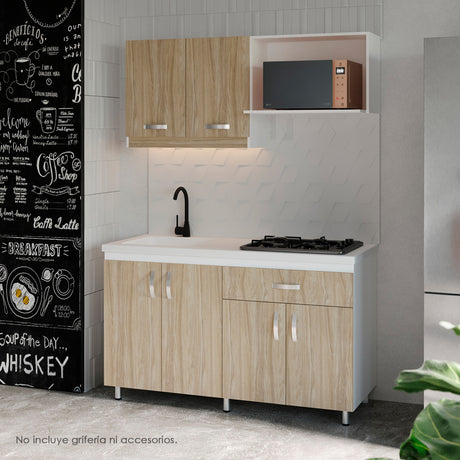 Cocina Ambar Blanco y Soder 150x212cm Con Meson de Marmol Sintético y Estufa Esmaltada - COCINAS | Bylmo