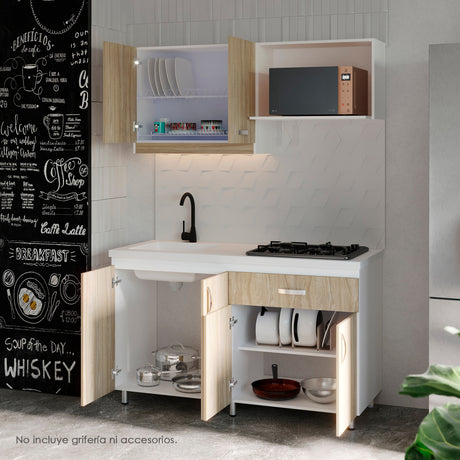 Cocina Ambar Blanco y Soder 150x212cm Con Meson de Marmol Sintético y Estufa Esmaltada - COCINAS | Bylmo