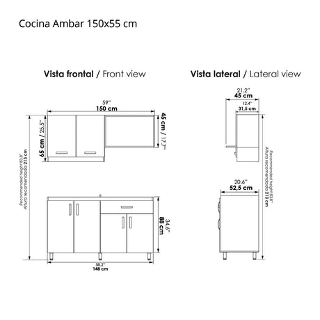 Cocina Ambar Blanco y Gracia 150x212cm Con Meson de Marmol Sintético y Estufa Esmaltada - COCINAS | Bylmo