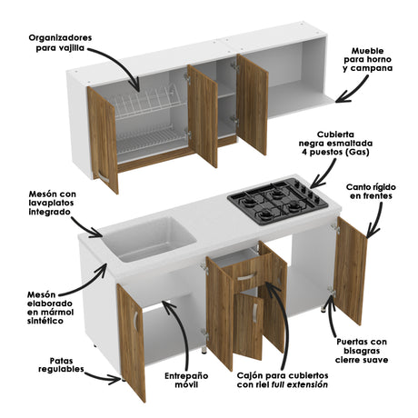 Cocina Ambar Blanco y Gracia 180x213cm Con Meson de Marmol Sintético y Estufa - COCINAS | Bylmo