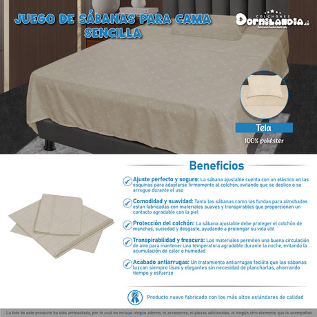 Juego de Sabanas Beige para Cama Sencilla 100 x 190 Cm Hipoelergénicas y Antiácaros - SABANAS | Bylmo