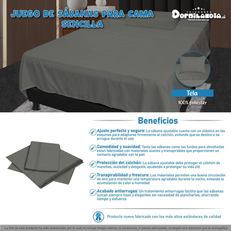 Juego de Sabanas Gris para Cama Sencilla 100 x 190 Cm Hipoelergénicas y Antiácaros - SABANAS | Bylmo