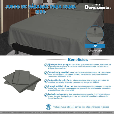 Juego de Sabanas Gris para Cama King 200 X 200 Cm Hipoelergénicas y Antiácaros - SABANAS | Bylmo