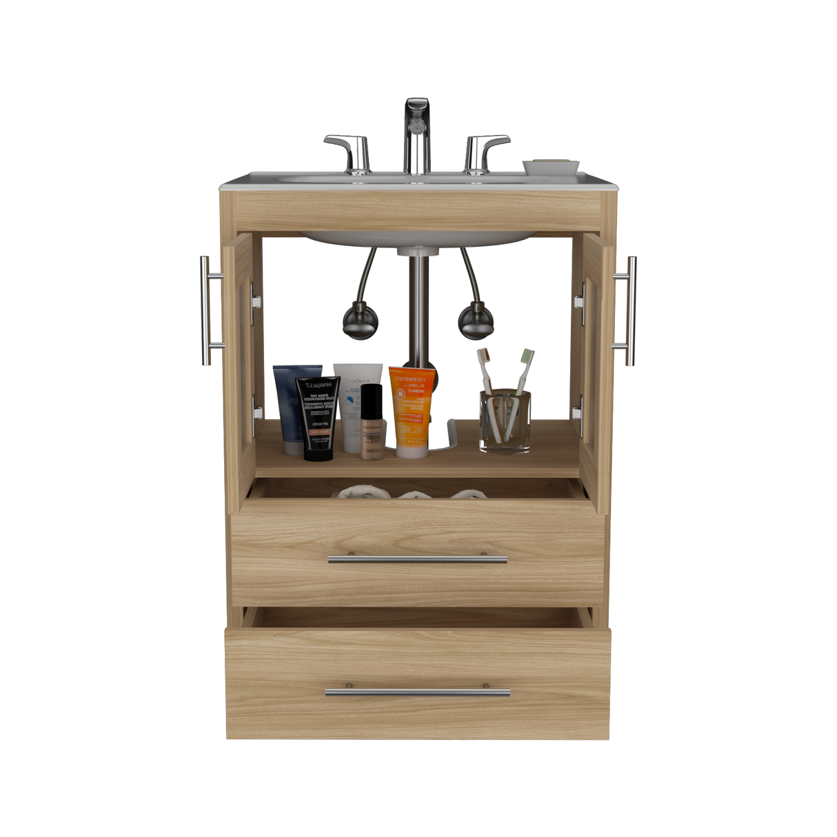 Mueble para Lavamanos Hilda Fresno Europeo 59.5x85.6cm con Lavamanos y Dos Cajones - MUEBLES PARA LAVAMANOS | Bylmo