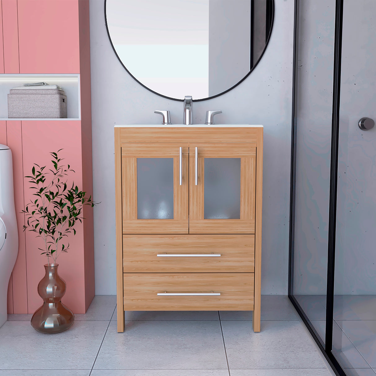 Mueble para Lavamanos Hilda Fresno Europeo 59.5x85.6cm con Lavamanos y Dos Cajones - MUEBLES PARA LAVAMANOS | Bylmo