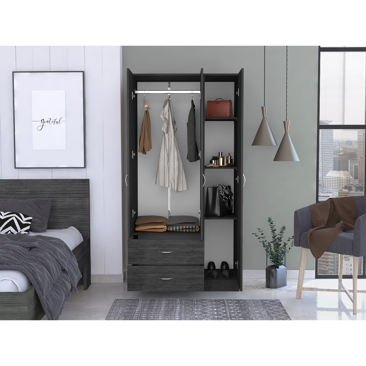 Closet Austral Roble Gris 90x180cm Con Dos Cajones y Tres Puertas - CLOSETS | Bylmo