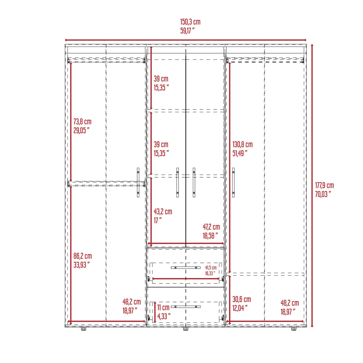 Closet Bariloche Eco Fresno Europeo y Wengue 150.3x177.9cm Con Dos Cajones y Cuatro Puertas - CLOSETS | Bylmo