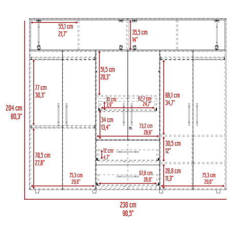 Closet Bigaf Fresno Europeo y Blanco 230x204cm Con Tres Cajones y Ocho Puertas - CLOSETS | Bylmo
