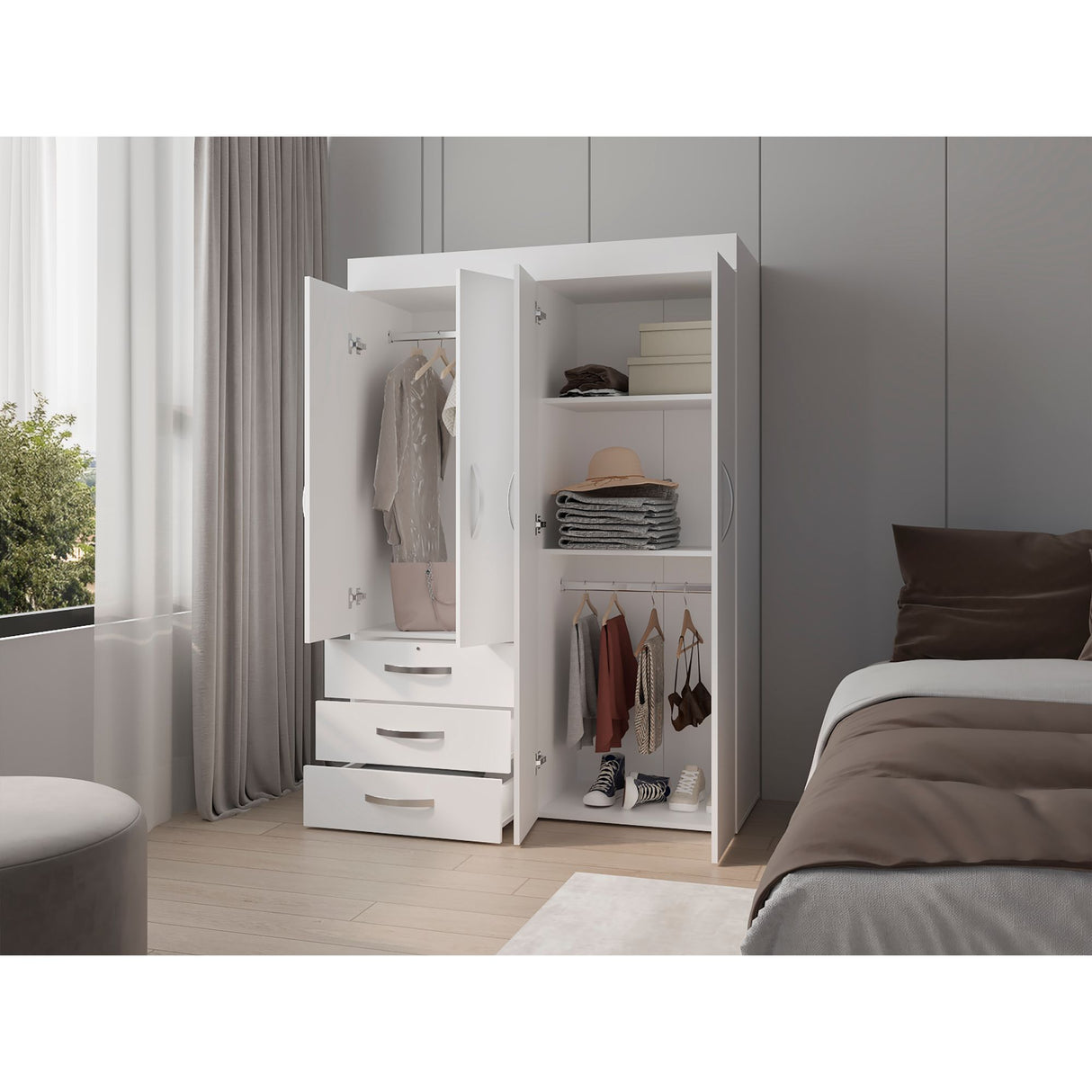 Closet Denver Blanco 119.2x172.8cm Con Tres Cajones y Cuatro Puertas - CLOSETS | Bylmo