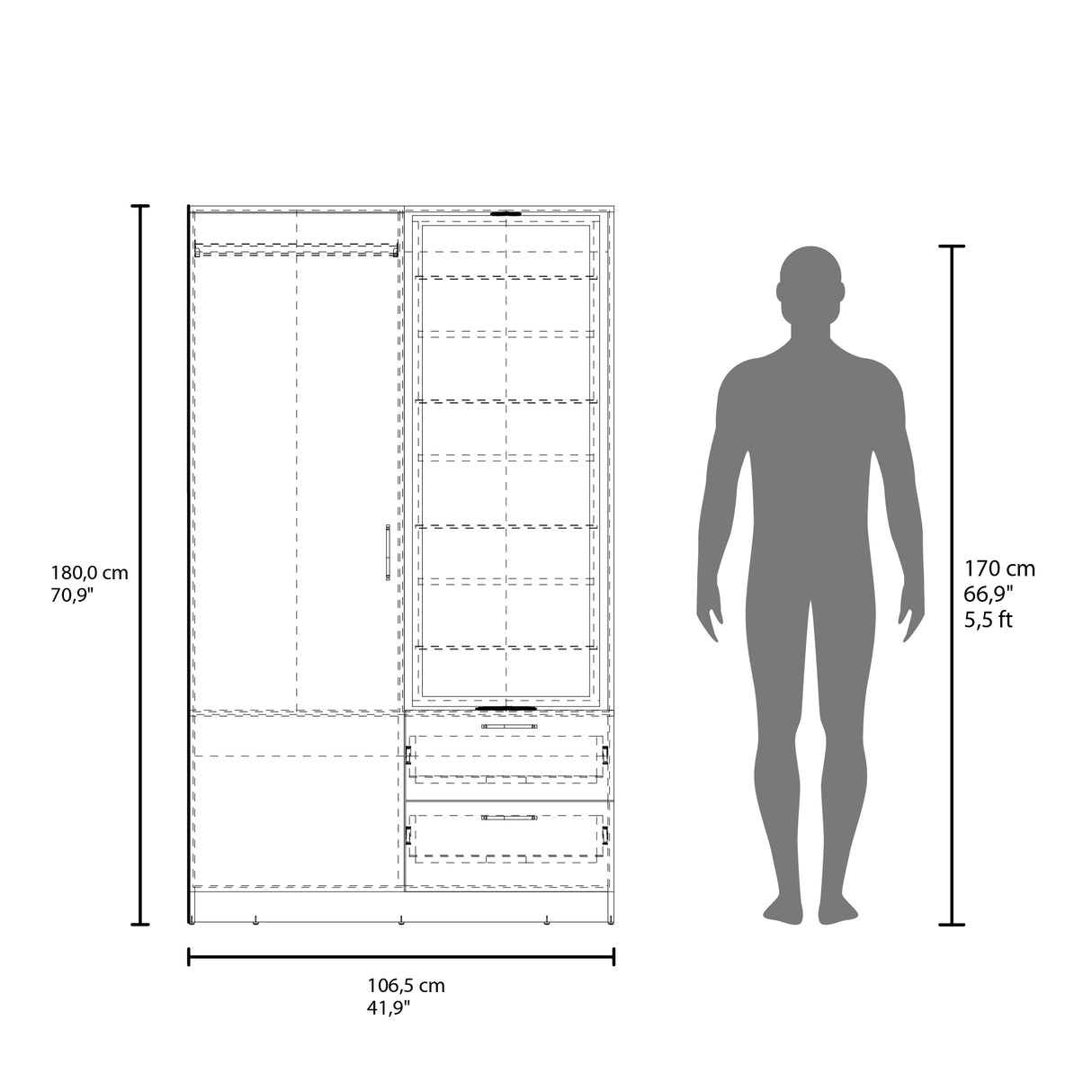 Closet Seville Blanco 106.6x180cm Con Dos Cajones Dos Puertas y Espejo - CLOSETS | Bylmo