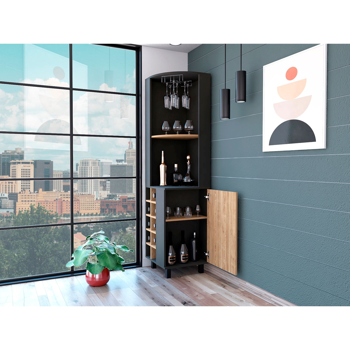 Bar Esquinero Kaia Plus Fresno Europeo y MIel 45x180cm Con Diez Portabotellas - BARES | Bylmo