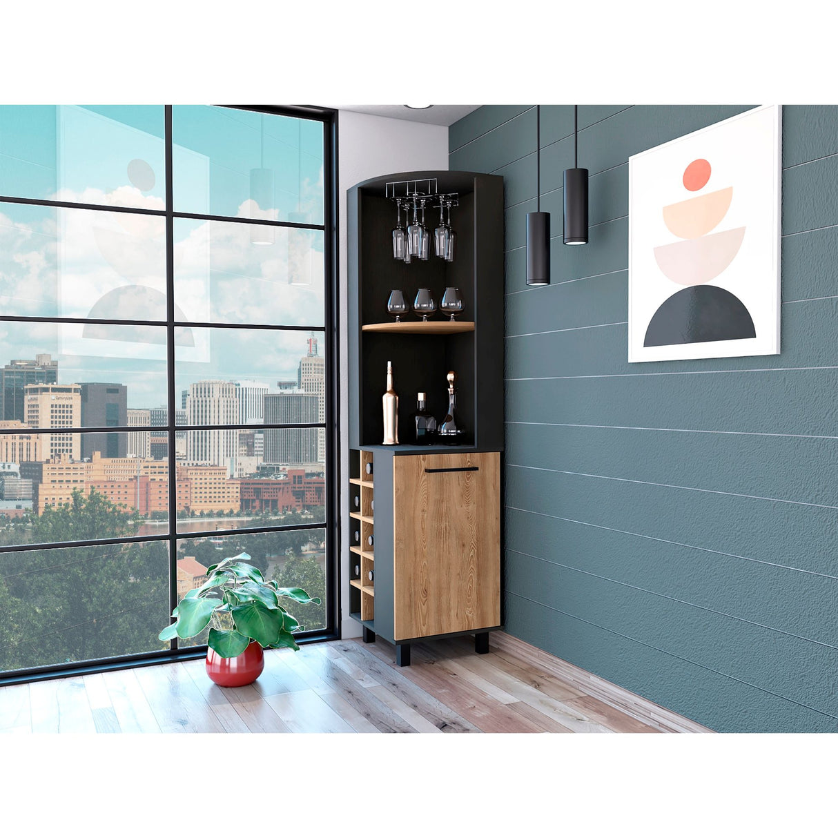 Bar Esquinero Kaia Plus Fresno Europeo y MIel 45x180cm Con Diez Portabotellas - BARES | Bylmo