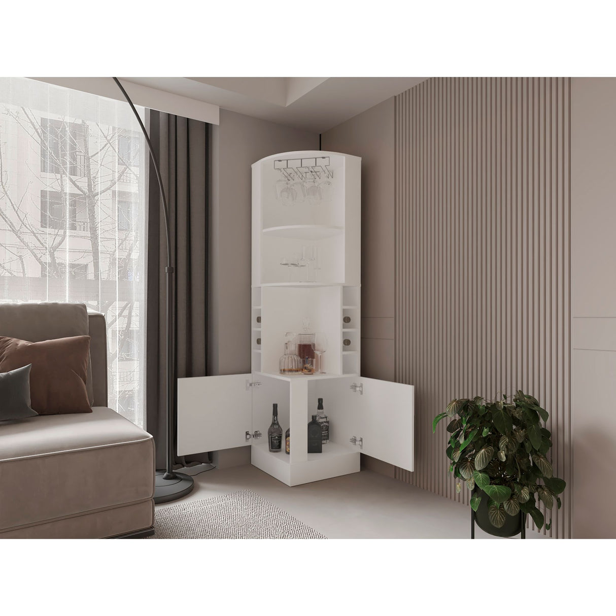 Bar Esquinero Beijing Blanco 46.9x180cm Con Ocho Portabotellas - BARES | Bylmo