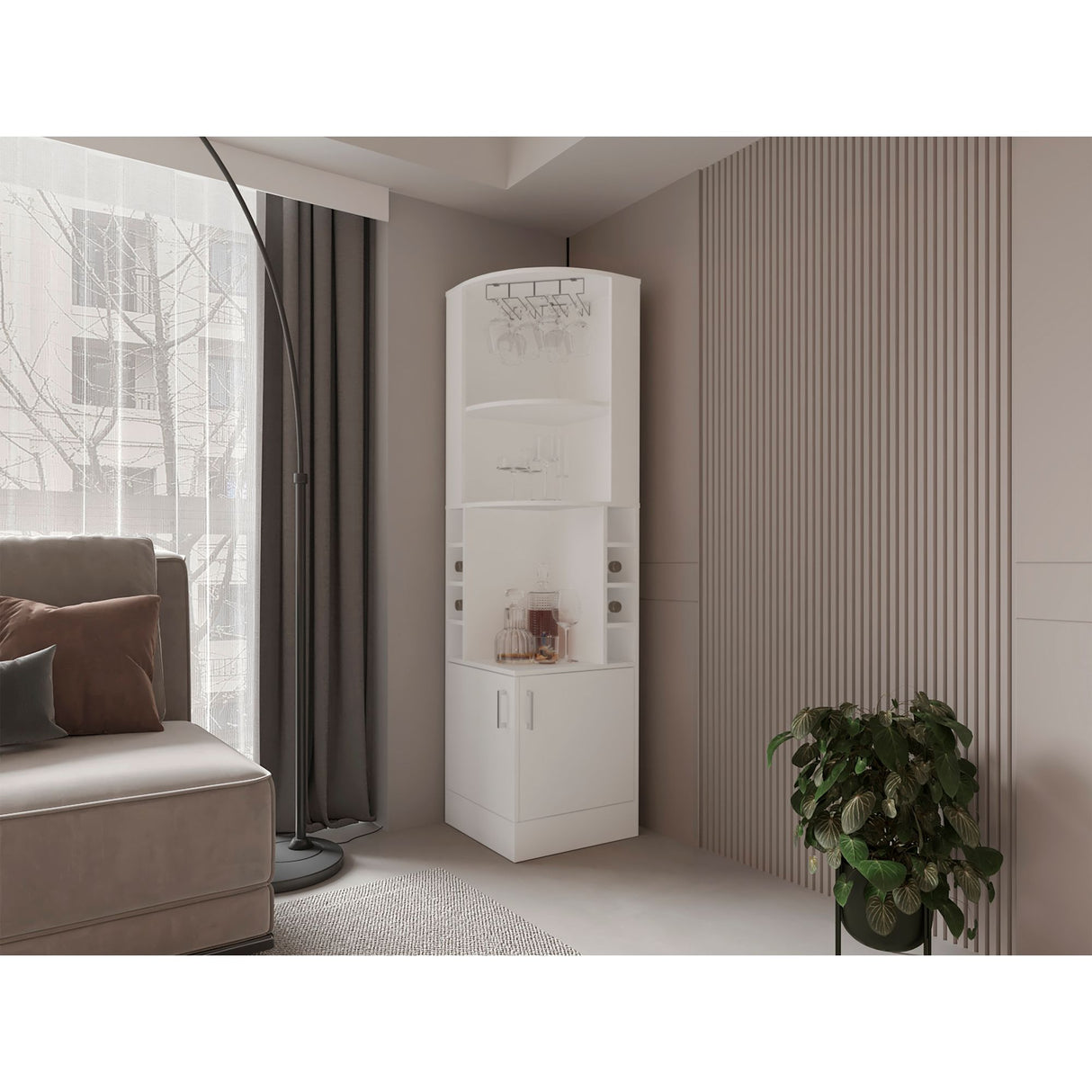 Bar Esquinero Beijing Blanco 46.9x180cm Con Ocho Portabotellas - BARES | Bylmo