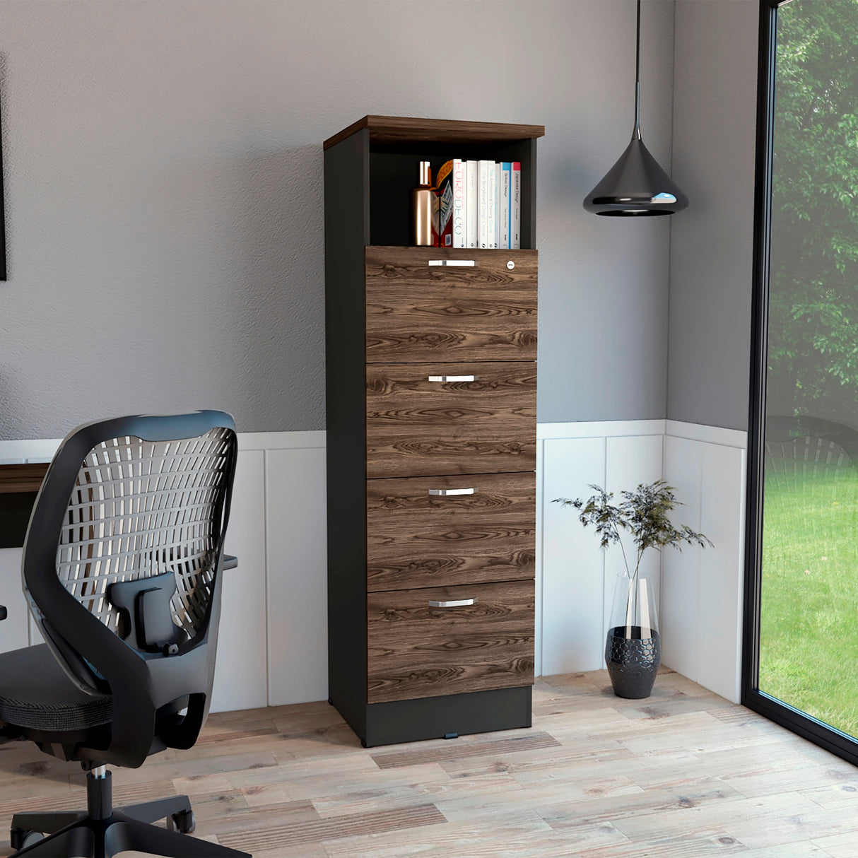 Archivador Home Office Coñac y Wengue 47.5x161.6cm Con Cuatro Cajones y Repisa - ARCHIVADORES | Bylmo