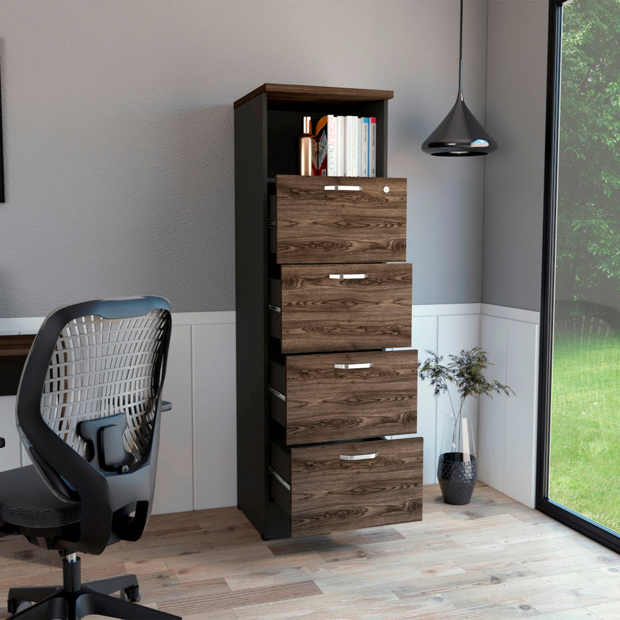 Archivador Home Office Coñac y Wengue 47.5x161.6cm Con Cuatro Cajones y Repisa - ARCHIVADORES | Bylmo