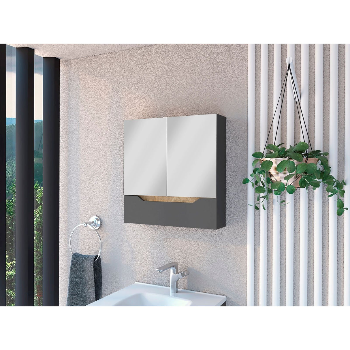 Gabinete de Baño Rectangular Laurent Plomo y Duna 60x62cm Con Espejo y Dos Entrepaños - GABINETES DE BANHO | Bylmo