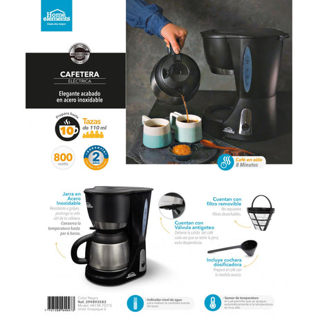 Cafetera Eléctrica Negro y Plateado 19x30cm Con Sistema Antigoteo Para 10 Tazas - CAFETERAS ELECTRICAS | Bylmo