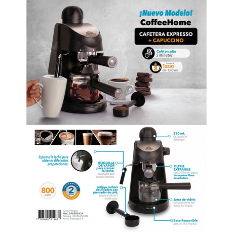 Cafetera Eléctrica Espresso Negro y Plateado 19x16.5cm Con Sistema Antigoteo y Boquilla de Vapor Para 2 Tazas - CAFETERAS ELECTRICAS | Bylmo