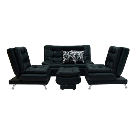 Sala Damasco Negro 150x40cm De Cuatro Puestos Con Sofacama Sillas Auxiliares y Puff - SOFAS Y POLTRONAS | Bylmo