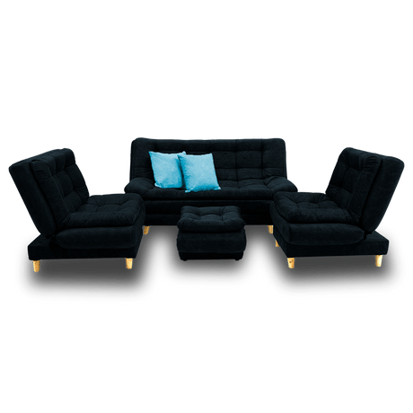 Sala Damasco Negro 180x40cm De Cinco Puestos Con Sofacama Sillas Auxiliares y Puff - SOFAS Y POLTRONAS | Bylmo