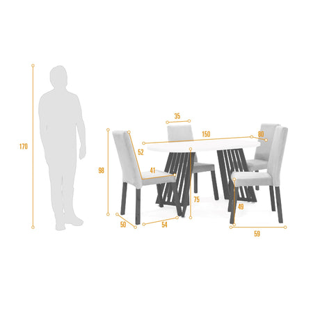 Combo Comedor Rectangular Wisconsin Plata y Blanco 150x75cm De Cuatro Puestos Con Cuatro Sillas - COMEDORES | Bylmo