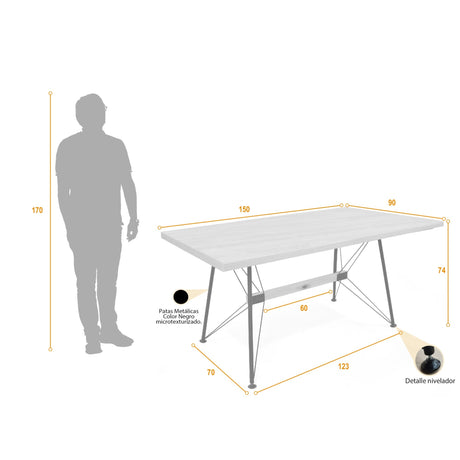 Comedor Rectangular Falcon Mácula y Negro Metálico 150x74cm De Seis Puestos Sin Sillas - COMEDORES | Bylmo