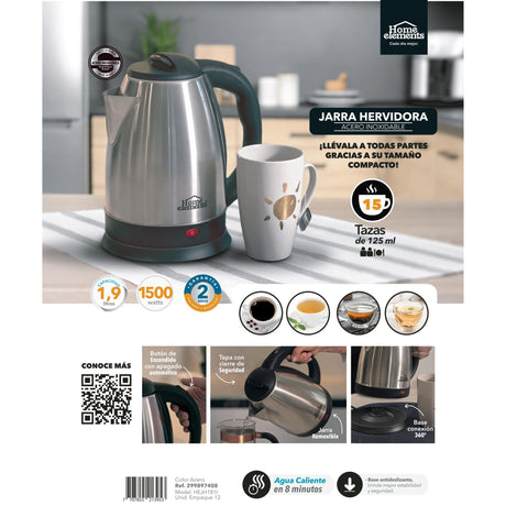 Hervidor Negro y Plateado de Acero Inoxidable 17x24cm Para 1.9 Litros - HERVIDORES | Bylmo