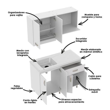 Cocina Modular Ambar Blanco 120x75cm Con Mesón y Sin Estufa - COCINAS | Bylmo