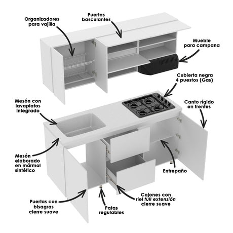Cocina Modular Zafiro Blanco y Granito Perla 180x75cm Con Mesón y Con Estufa - COCINAS | Bylmo