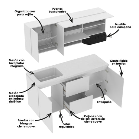 Cocina Modular Zafiro Blanco y Granito Perla 180x75cm Con Mesón y Sin Estufa - COCINAS | Bylmo