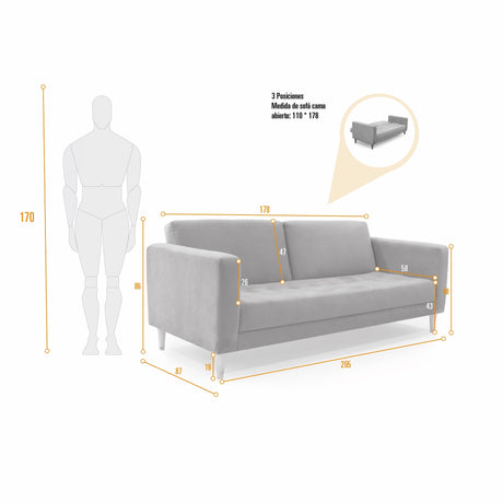 Sofacama Babilonia Gris 205x86cm de Tres Puestos Recinable con Apoya Brazos - SOFAS Y POLTRONAS | Bylmo