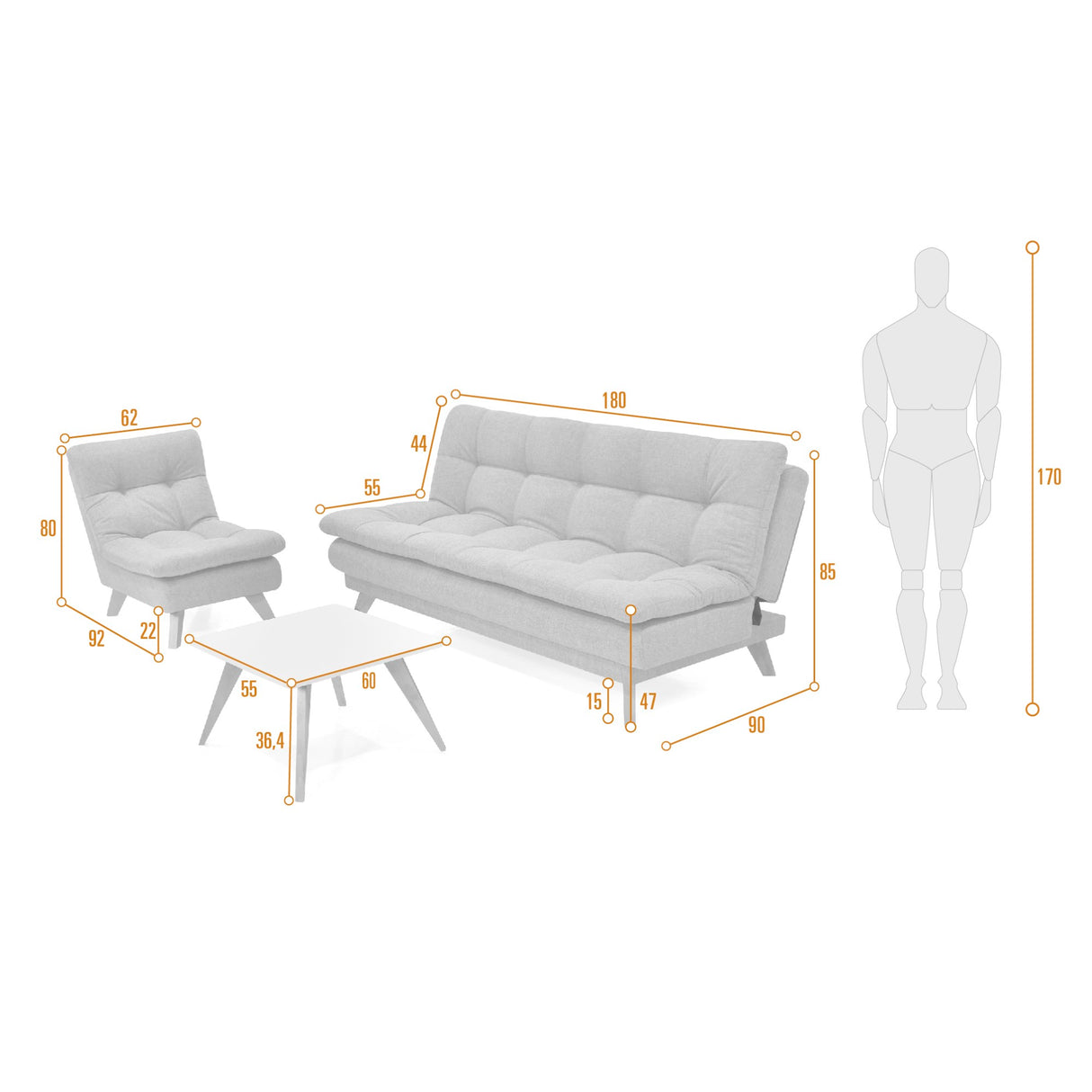 Sala Munich Plata 180x85cm de Cuatro Puestos Recinable - SOFAS Y POLTRONAS | Bylmo