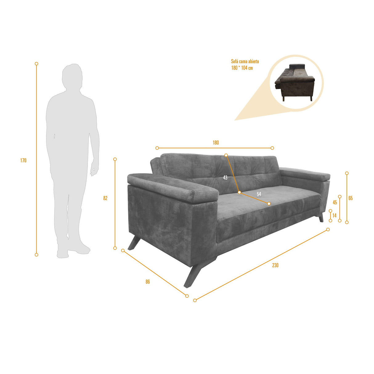 Sofacama Moretto Gris 230x82cm de Tres Puestos Recinable con Apoya Brazos - SOFAS Y POLTRONAS | Bylmo