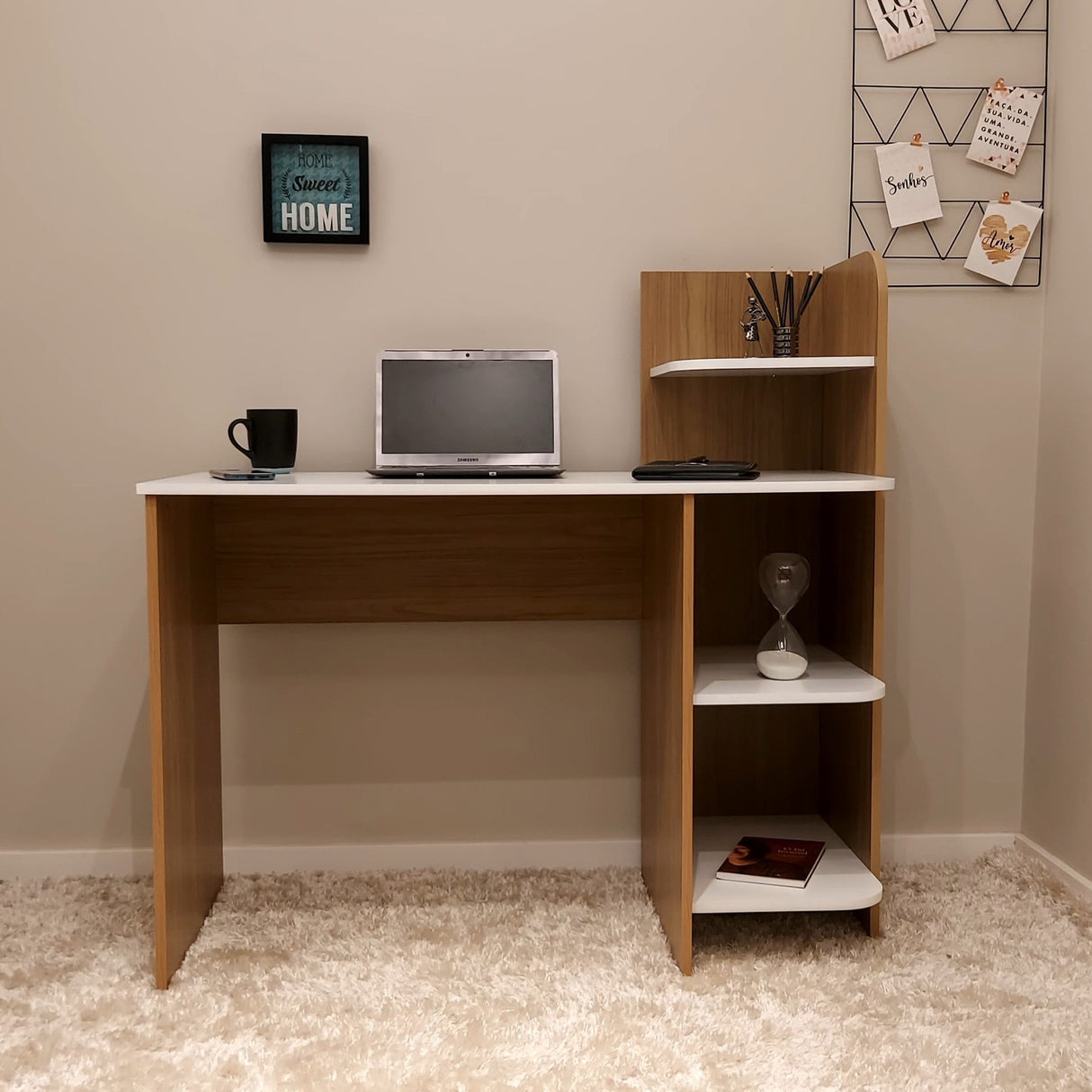 Escritorio Link Roble y Off White 111x110cm con Organizador de Libros - ESCRITORIOS | Bylmo