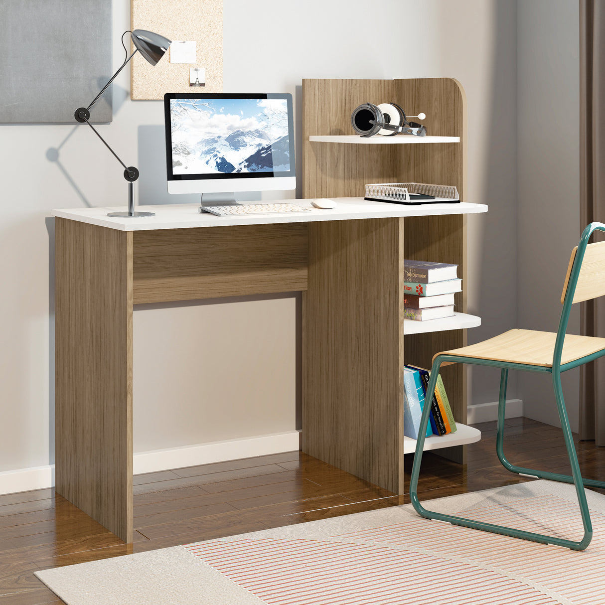 Escritorio Link Roble y Off White 111x110cm con Organizador de Libros - ESCRITORIOS | Bylmo