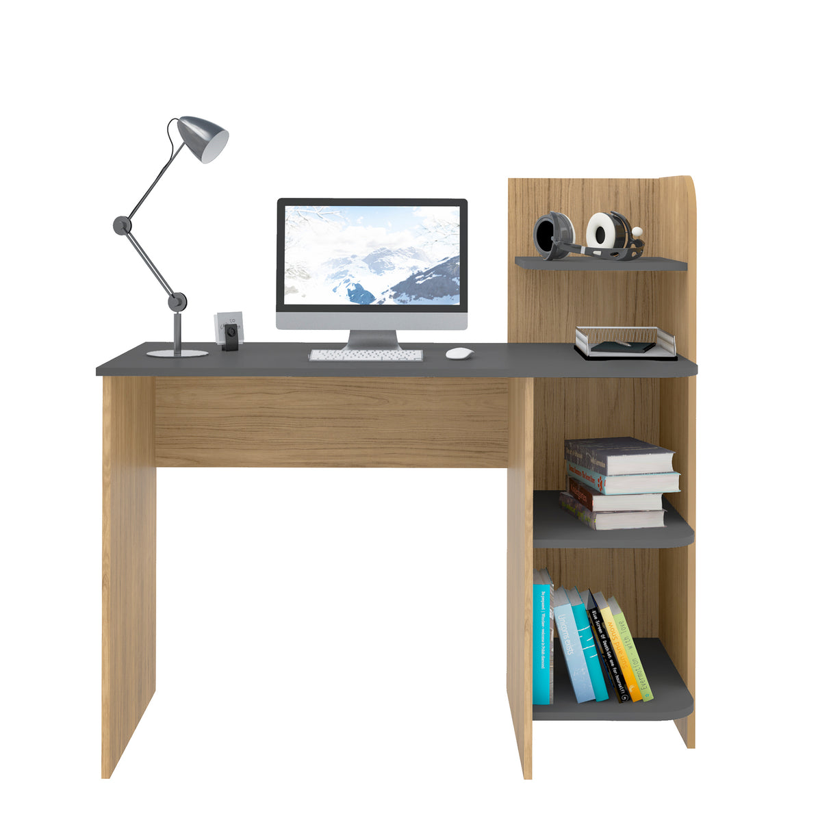 Escritorio Link Roble y Gris 111x110cm con Organizador de Libros - ESCRITORIOS | Bylmo